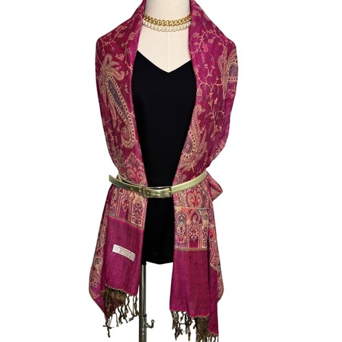 Pashmina cashmere + silk paisley floral scarf wrap magenta gold 27 x 72" - Picture 5 of 9