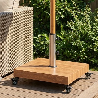 86 lbs. brown patio umbrella base with hidden wheels Square Patio Umbrella Base with Wheels Heavy Duty Concrete Filled Iron Wood