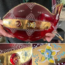 👀 VINTAGE MOSER Large Ruby Red FISH Vase Hand Painted & 22k GOLD on Crystal 14”