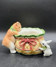 2003 Fitz & Floyd Christmas Sandy Tidbit Dish Candy Bowl Bear Rabbit 9"