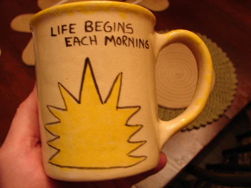 Vintage 1996 Roseville Ohio Coffee Mug Alpine Pottery "Life Begins Each Morning"
