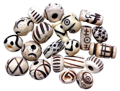 Buffalo Bone Beads, Small, 20 Pcs, Asst Shapes and Designs, White, 8 mm Average