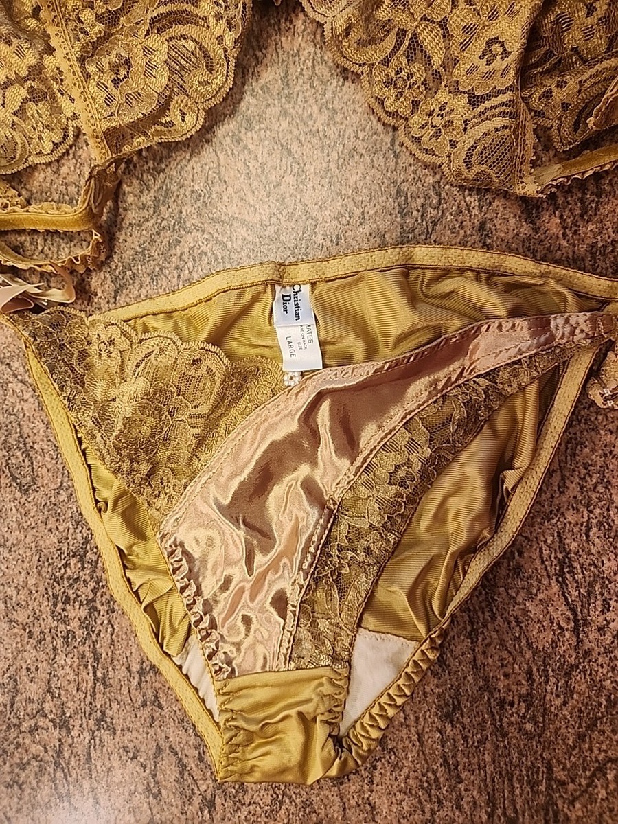 Christian Dior Vtg Bra Garter Panty Set 36C Gold Shiny Satin Christian Dior Vtg Bra Garter Panty Set 36C Gold Shiny Satin