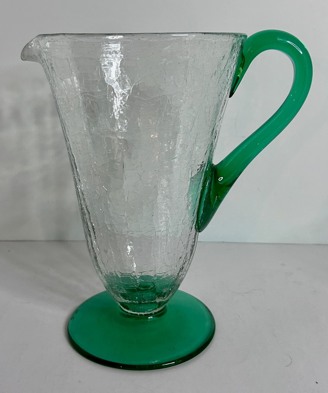 Vintage CRACKLE Glass Water Set Pitcher and 4 Tumblers Arctic Green Handle Base