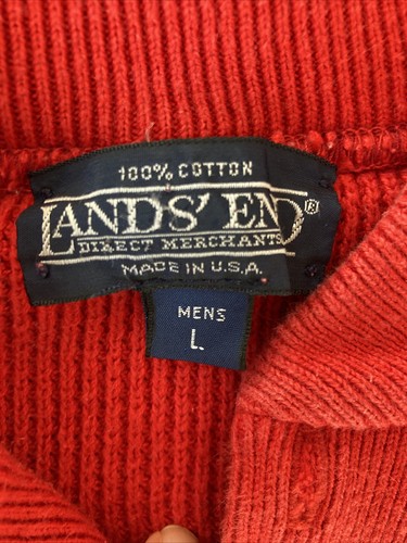 Vintage 80s Mens Large Red Lands End USA Made Henley Sweater Wood Buttons - Picture 4 of 10