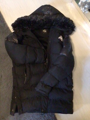 TEENS KWD BLACK LONG LINE FUR HOODED PUFFER PADDED JACKET SIZE M UK