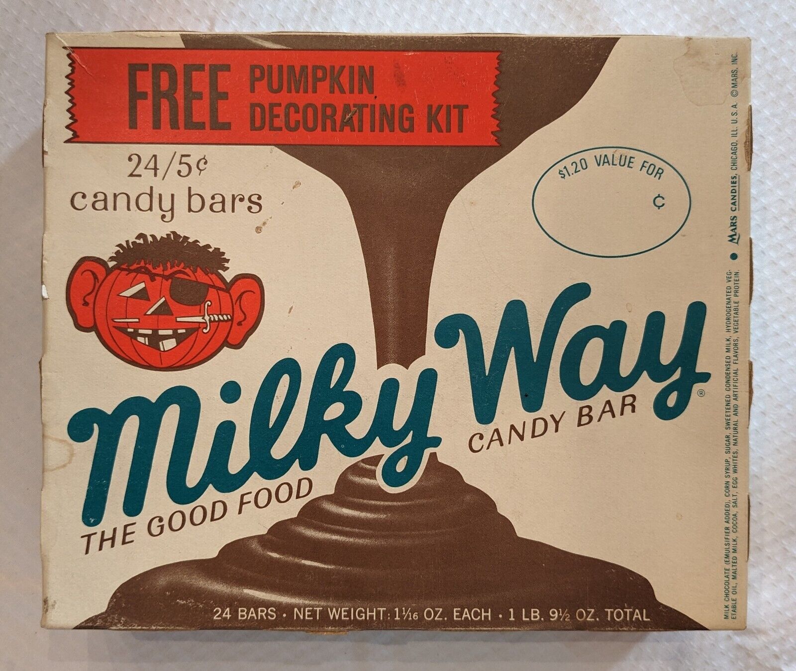 Vintage Halloween Milky Way Candy Bar Box, pirate Jack O' Lantern graphics