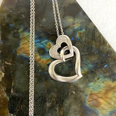 Sterling Silver 925 HOB Double Open Heart Pave Diamond Necklace 19.5'' Chain