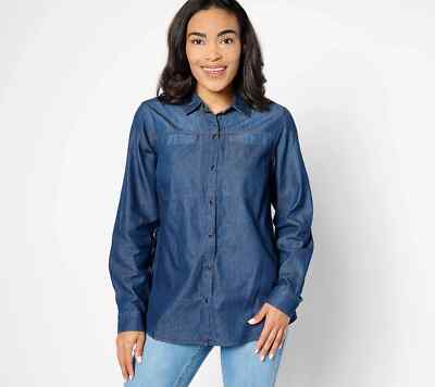 Joan Rivers Cotton Denim Snap Front Boyfriend Shirt Medium Wash Blue 2X A628956