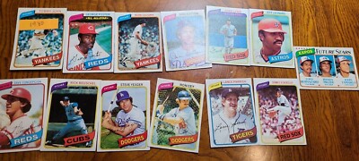 Lot of (13) Topps baseball cards Sutton John Eckersley Yeager Cey Guidry Foster+
