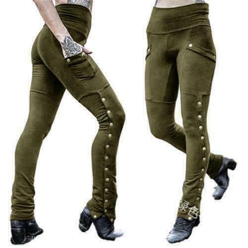 Women Rivets Pencil Pants Side-slit High Waisted Pockets Stretch Slim Trousers - Bild 1 von 10