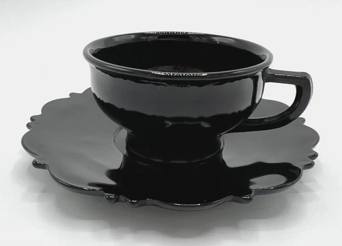 Mt Pleasant Black Amethyst Glass Cup & Saucer Set, L E Smith Depression Era B