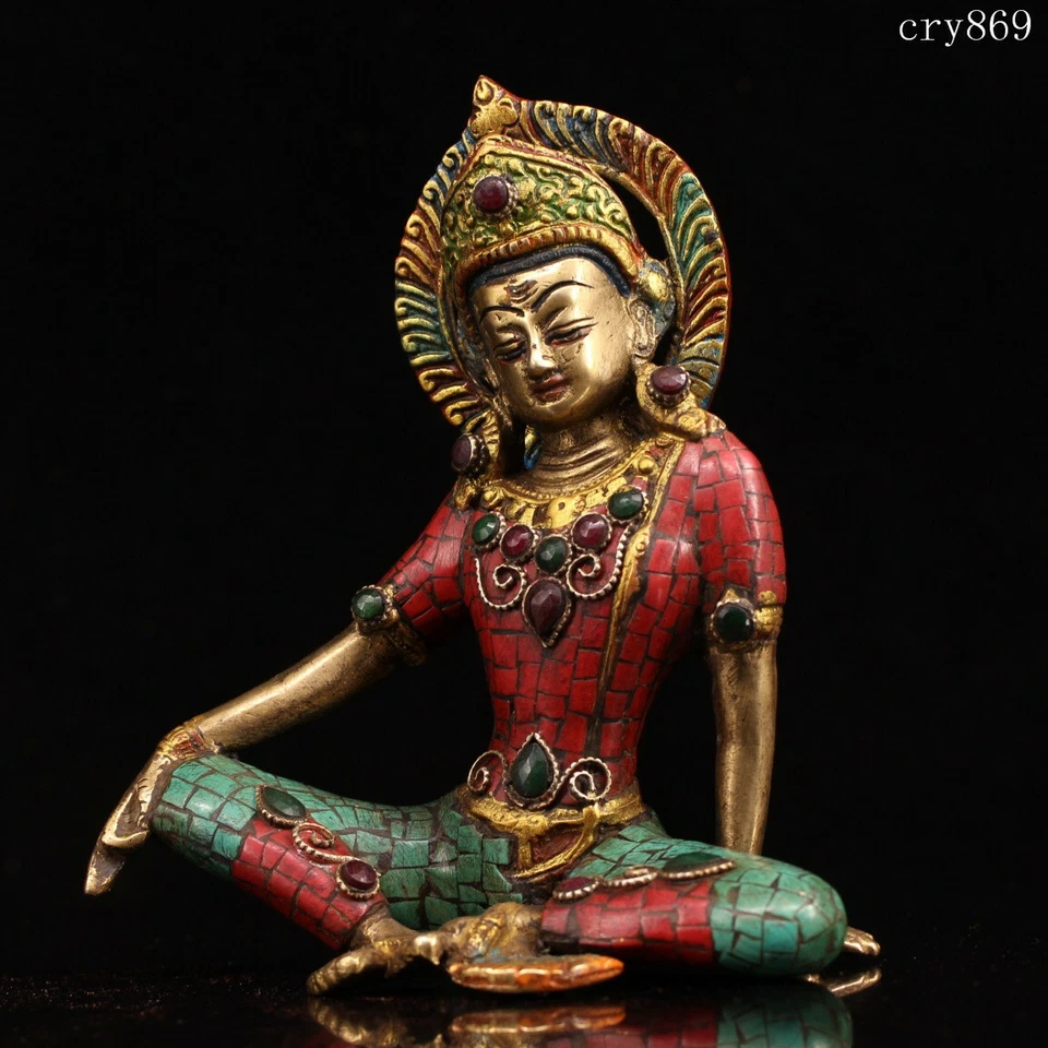 Antiguo Tíbet Cobre Puro Incrustaciones con Gemas Trazado Oro Verde Tara Estatua Foto 3 de 4