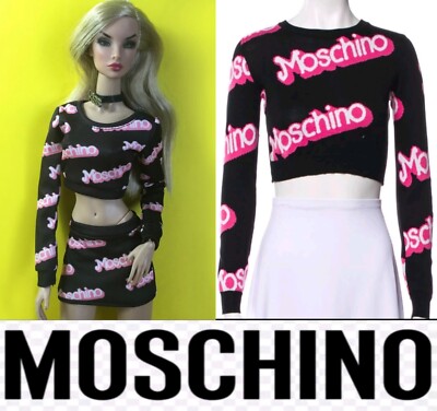 Moschino Couture 2016 Barbie Black Pink Word Logo Sweater Crop Top