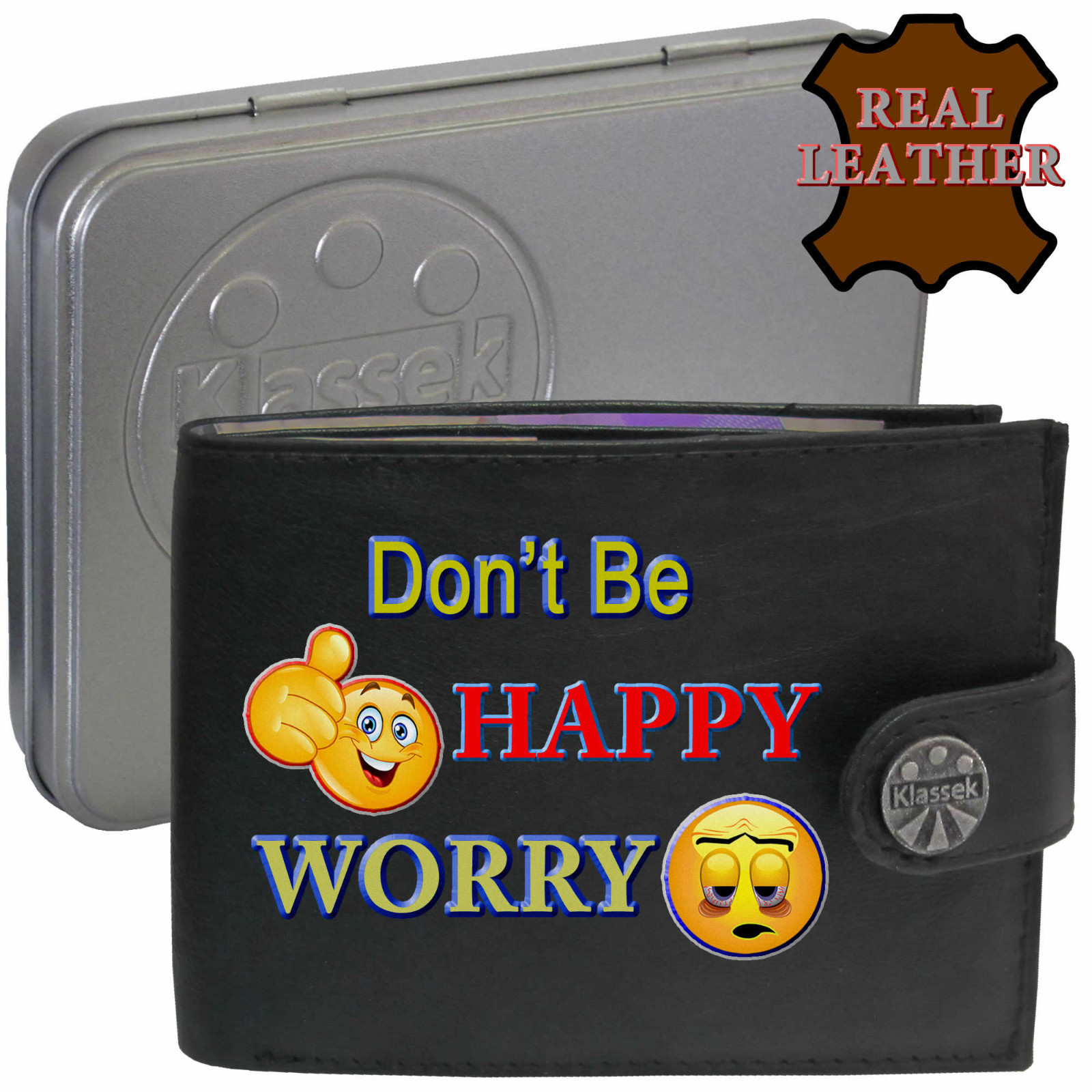 Emoji Wallet Leather Don't be Happy Worry Humour Fun Slogan Men's Gift Tin RFID