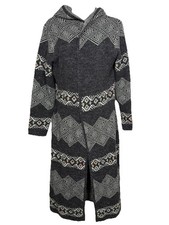 Sioni L Duster Cardigan Sweater Beige/Black Aztec Southwest Long Open Front Hood