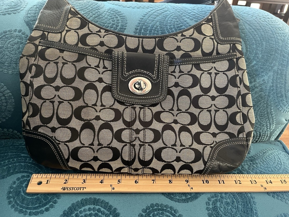 COACH Signature Hobo Shoulder Bag Turn Lock Leather Canvas Black