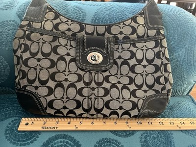 COACH Signature Hobo Shoulder Bag Turn Lock Leather Canvas Black