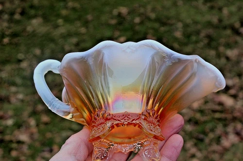 ANTIQUE DUGAN FAN CARNIVAL GLASS GRAVY BOAT - PEACH OPAL