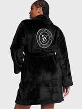 VICTORIA S SECRET Signature Cozy Plush Robe Women s Black XS/S Embroidered Logo