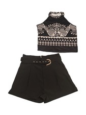 Two-Piece Black Cream Printed Crop Top with High-Waist Black Shorts