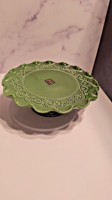 Maioliche Jessica Cake Stand 11'' Green Ceramic Made in Italy Scalloped Edge New