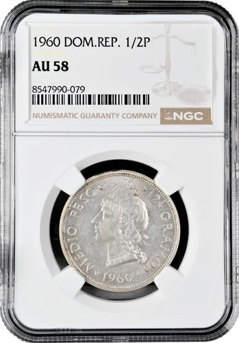 Dominican Republic 1/2 peso 1960, NGC AU58, "Dominican Republic (1937 - 2020)"