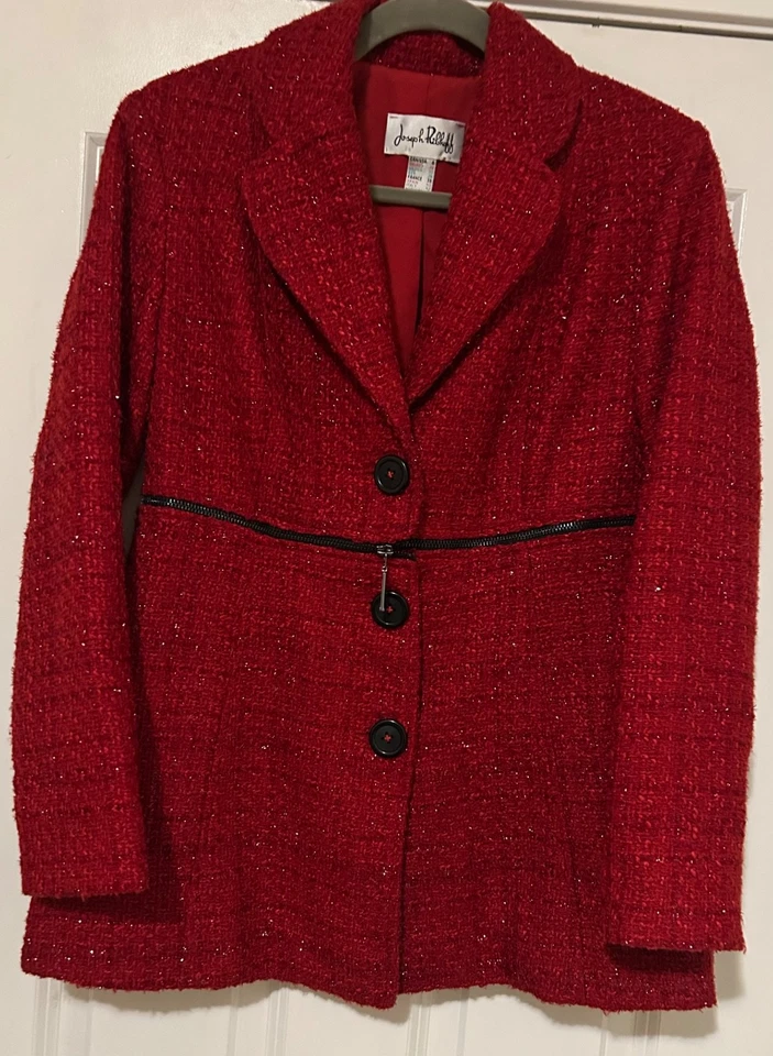 Blazer Joseph Ribkoff Rojo Tweed Tencel Brillante Versátil Cremallera Talla 8 Usado en excelente estado Foto 3 de 4