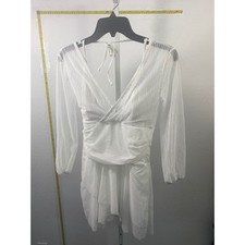 White Sheer Striped V-Neck Ruched Mini Dress Long Sleeve Bridal Summer Party