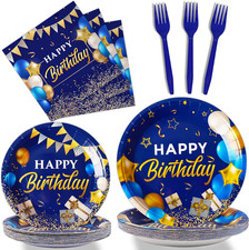 96 Pcs Blue and Gold Birthday Plates and Napkins Party Supplies Navy Blue Party
