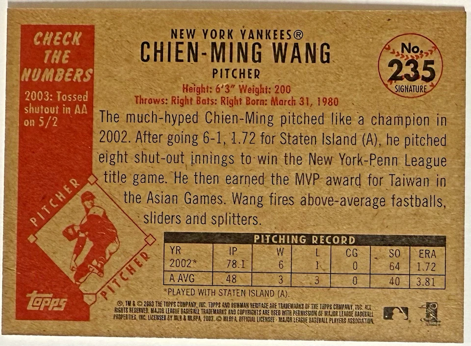 CHIEN-MING WANG 2003 Bowman Heritage Facsimile Signature RC N.Y. Yankees #235 - Image 2 of 2