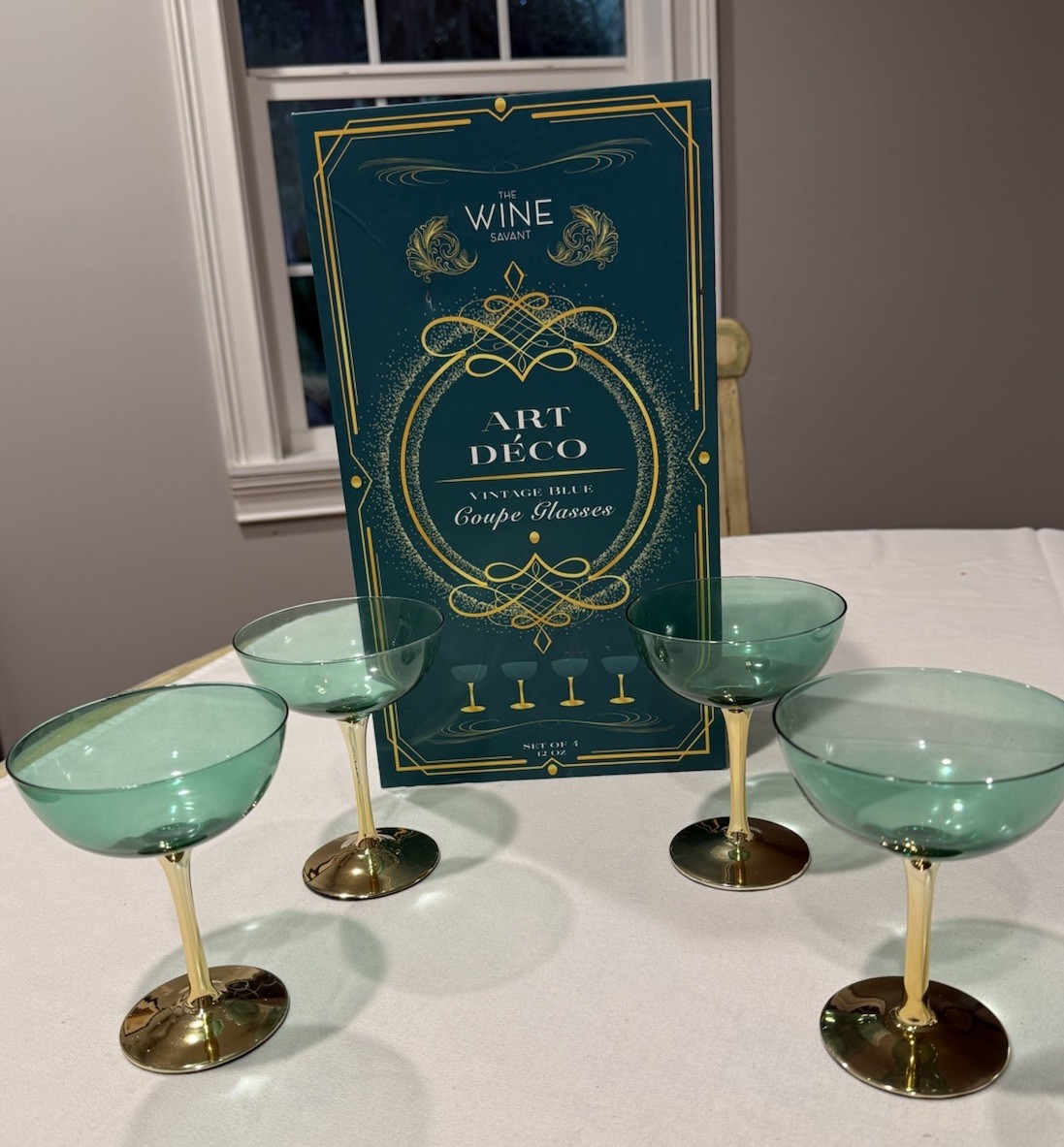 The Wine Savant Green Gold Coupe Art Deco Champagne Glasses Set Of 4 Gift Box
