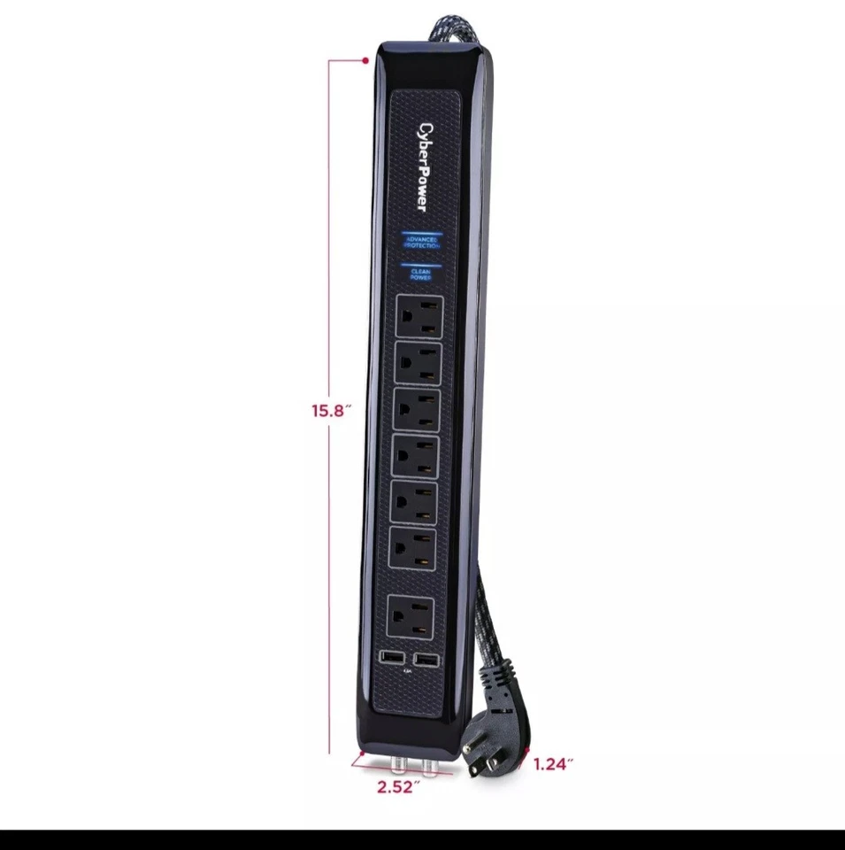 CyberPower 7 Outlet Surge Protector 6 Ft. Braided Cord (Black) - Image 2 of 4