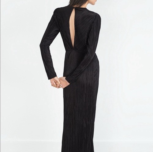 Zara Women’s Black Maxi Dress Size M Pleated Long Sleeve Cutout Slit Formal - Picture 19 of 20