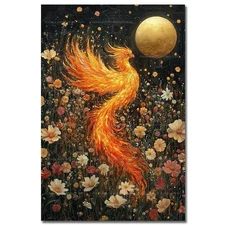 MAGICAL PHOENIX ART PRINT, Fantasy Moon Flower Poster, Gothic Fire Bird Decor