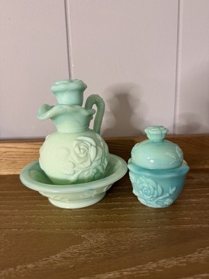 Vintage Avon Moonwind Powder Sachet Pot & Pitcher Decanter Blue Green Teal Milk