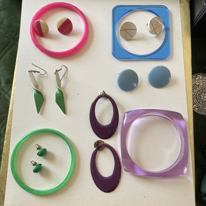 Vintage Retro Bracelets & Earrings Lot - Pink Purple Green & Blue Sets
