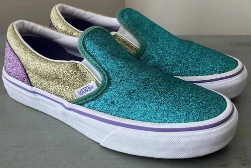 Scarpe sneakers VANS tg 3 bambina glitter slip on viola turchese oro colorblock
