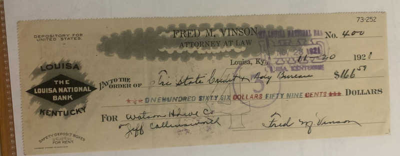1921 Fred M. Vinson Signed Check - Supreme Court Chief Justice & Treasury Sec