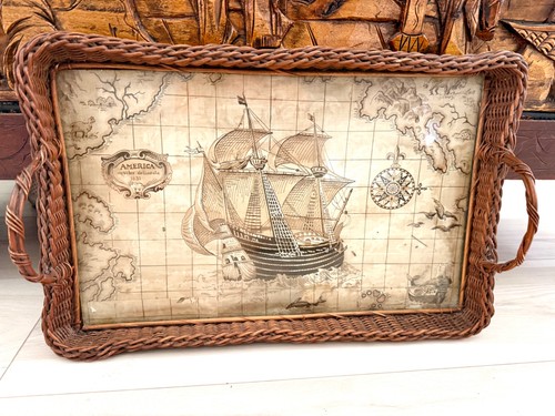 Vintage Wicker and Glass Serving Tray with Handles Sepia Parchment Ship & Map