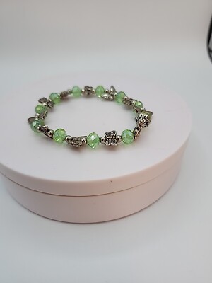 Handcrafted Green Crystal Bead Bracelet with Silver Butterfly Charms