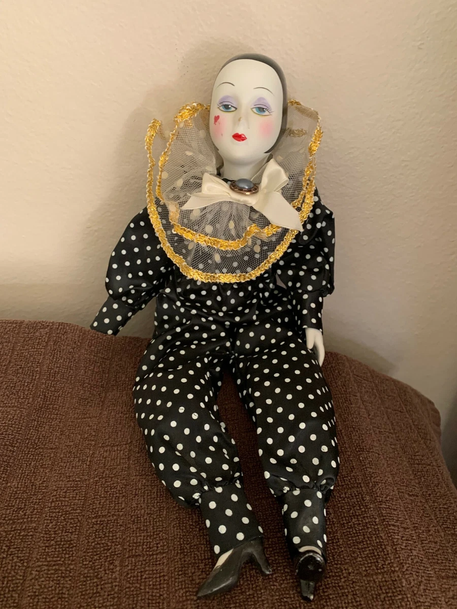 Vintage Harlequin Poseable porcelain clown doll black white 15 inch