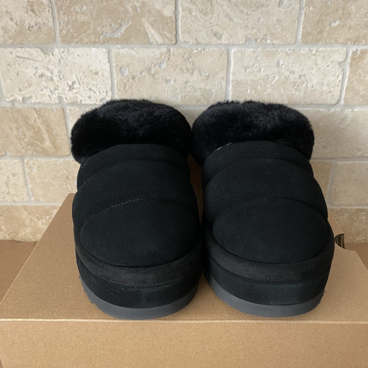 UGG TAZZLITA BLACK SUEDE SHEARLING LINED PLATFROM SLIPPERS SIZE US