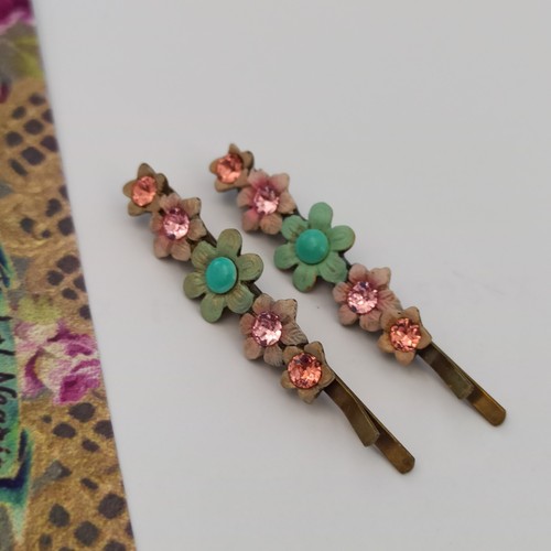 Michal Negrin Hairpin Pastel Pink Green Floral Lot 2 Barrette Pair Crystals Gift - Picture 5 of 11