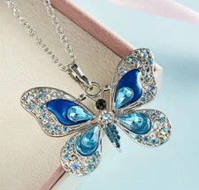 Sparkling Fashion Blue Butterfly Rhinestone Crystal Pendant Necklace Jewelry