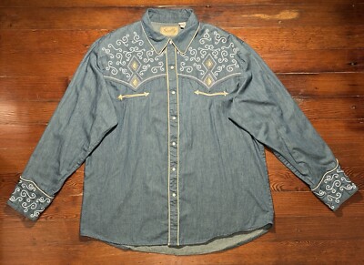 Scully Men's Denim Scroll Embroidered Long Sleeve Pearl Snap Western Shirt XL