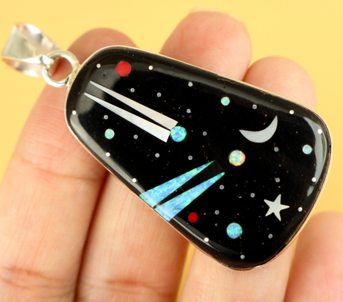Outer Space Kachina Native American Navajo Turquoise Inlay Sterling Silver Necklace Outer Space Kachina Native American Navajo Turquoise Inlay Sterling Silver Necklace