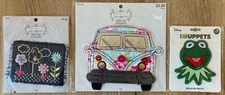 3 NIP Iron On Appliques Patches 2 Sew- ology VW Bus, Flowers & 1 Disney Kermit