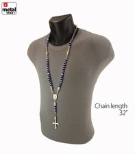 Silver Plated Royal Blue Bead Praying Hand  Cross 8 mm Rosary Necklace SBL