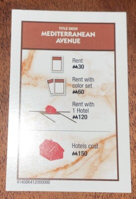 2021 Monopoly Crooked Cash Ed. Game Mediterranean Ave. Property Replacement Pc.